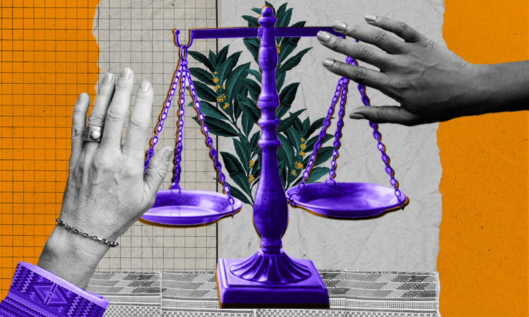 collage: dos manos de personas diferentes equilibran una balanza. De fondo, ramos de laureles.