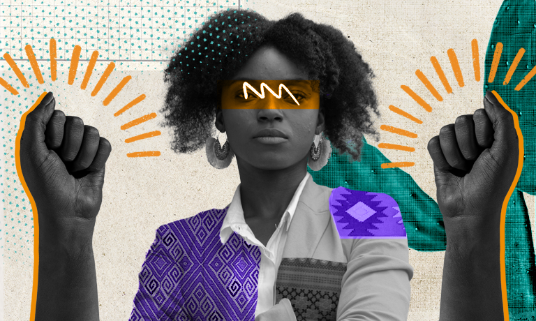 Collage: una mujer afro mira a cámara, dos puños se alzan a lo alto, al costado de la mujer