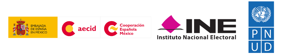 Logos de la Agencia Española de Cooperación internacional para el desarrollo (AECID), el Instituto Nacional Electoral (INE) y el programa de las Naciones Unidad para el Desarrollo (PNUD)